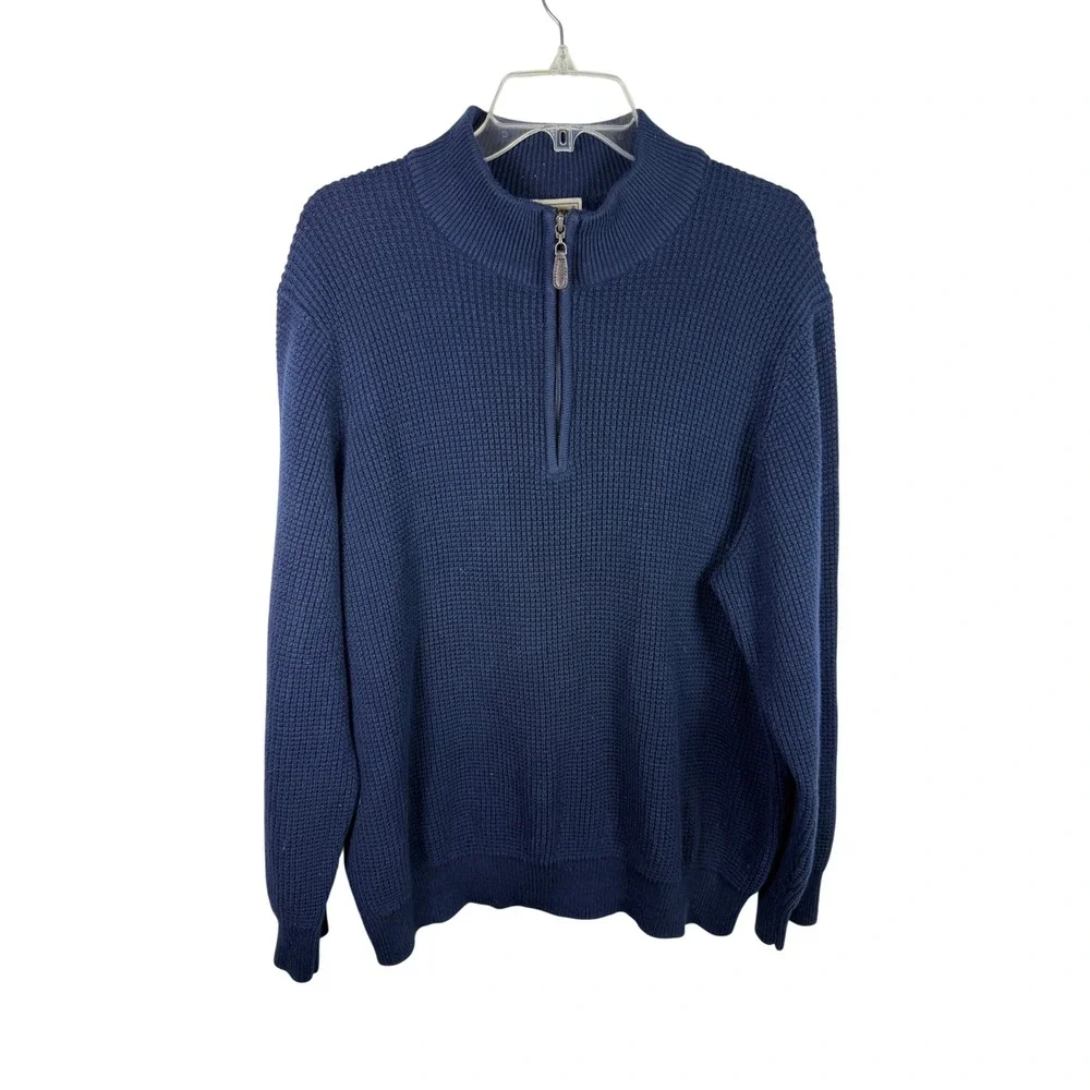 LL Bean Mens XL Navy Blue Cotton Cashmere Waffle Knit Quarter Zip Sweater 291648